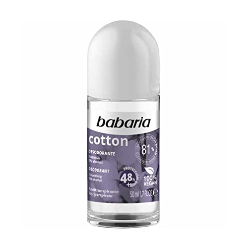 Babaria - Desodorante Roll On Cotton Nutritivo 0% Alcohol, Protección 48 Horas, Antitranspirante, Apto para Todo Tipo de Pieles, Unisex, Vegano - 50 ml