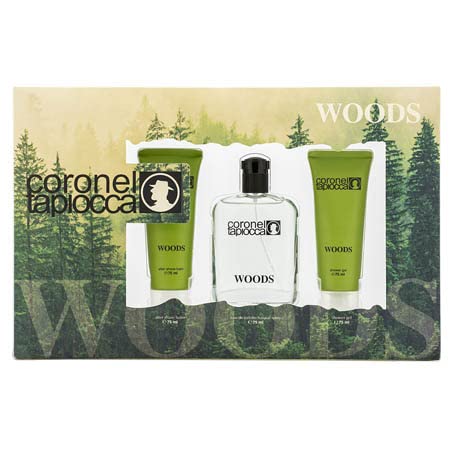 CORONEL TAPIOCCA - Woods, Estuche de Regalo Hombre, Colonia 75 ml + Gel de Baño 75 ml + After Shave 75 ml, Eau de Toilette Natural y Masculina, Aroma Marino Amaderado, Fragancia Fresca y Duradera