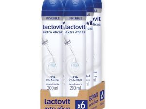 Lactovit Desodorante en Spray Extra Eficaz, Máxima Protección 72 Horas, sin Alcohol ni Irritaciones, Desodorante Invisible, Equilibrio Óptimo entre Eficacia y Cuidado- Pack de 6 x 200 ml