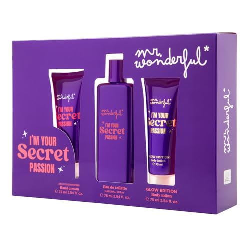 MR WONDERFUL - I'm Your Secret Passion, Estuche de Regalo Mujer, Colonia 75ml + Crema Manos 75ml + Crema de Cuerpo Glow Edition 75ml, Eau de Toilette Femenina, Aroma Floral Oriental Amaderado