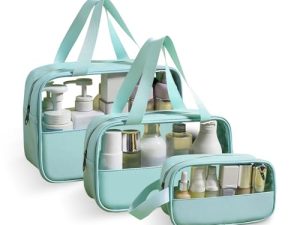BUTISHIYU Neceser de Aseo 3 Piezas Transparente, Bolsa de Cosméticos Impermeable con Cremallera Bolsa de Cosméticos, Bolsa TSA Avion Maquillaje para Mujeres Viajes Baño (Verde)