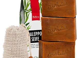 Natura Germania® Set de 3 jabones originales de Alepo 80% aceite de oliva / 20% aceite de laurel, cada uno de aproximadamente 200 gr (alrededor de 600 gr en total) + bolsa de jabón de sisal