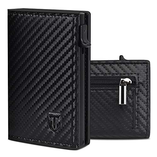 TEEHON Tarjeteros para Tarjetas de Credito | Cartera para Mujer con Monedero | Automática Pop-up Billeteras de Protección RFID | Billetes de Fibra de Carbono | Regalos para Hombres | Negro