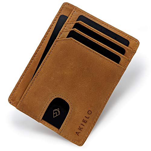 AKIELO Tarjetero de Hombre Bloqueo RFID con Caja Regalo – Cartera de Hombre Ultrafina – Minimalista Cartera Tarjetero de Hombre (Bravo - Edición Marrón Claro)