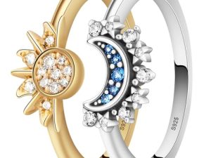 Aucuu Anillos Mujer Brillante Sol y Luna, Plata de Ley 925 Anillo para Mujer, Anillo Superpuesto con Sol y Luna Celestial, Anillo de Engaste de Diamantes, Regalo Ideal para Mujeres y Niñas – Plata