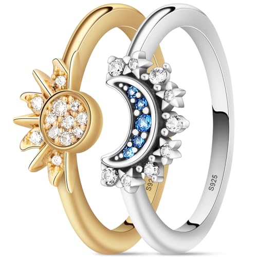 Aucuu Anillos Mujer Brillante Sol y Luna, Plata de Ley 925 Anillo para Mujer, Anillo Superpuesto con Sol y Luna Celestial, Anillo de Engaste de Diamantes, Regalo Ideal para Mujeres y Niñas - Plata
