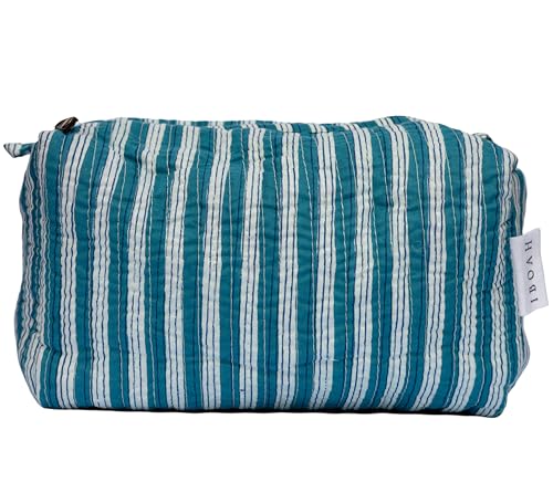 IBOAH Neceser de Viaje Organizador, Bolsa de Aseo, Bolso Maquillaje de algodón Acolchado para Mujeres, Hombres y recién Nacidos con Forrado Impermeable Interior (Azul Rayas, Grande)