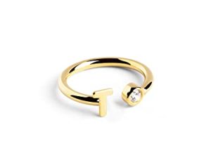 SINGULARU – Anillo Personalizado Letter Spark. Ajustable. Plata de Ley 925 con Acabado Baño de Oro de 18 Kt. Talla Unica. Joyas para Mujer. Letra T