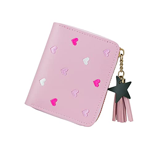 FuninCrea Cartera de Mujer con Colgante de Estrella, Monedero Mujer Pequeña Billetera Mujer de Cuero PU, Carteras Mujer Cartera Monedero Mujer con Cremallera y Patrón de Corazón Bordado (Rosa)