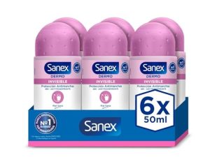 Sanex Dermo Invisible Desodorante Roll-On, Pack 6 Uds x 50 ml, Antitranspirante con hasta 48H de Protección contra el Sudor y el Olor, Antimanchas, Restaura el pH Natural de la Piel