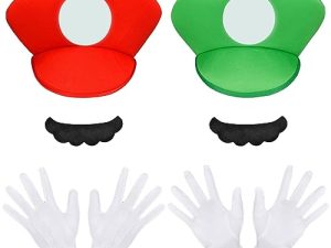 Aomig Disfraz Mario y Luigi Bros, 6pcs Set de Accesorios Mario Classic con Guantes, Bigote y Gorra, Cosplay Disfraz Halloween Carnaval Navidad de Hombre, Mujer, Adulto, Niños