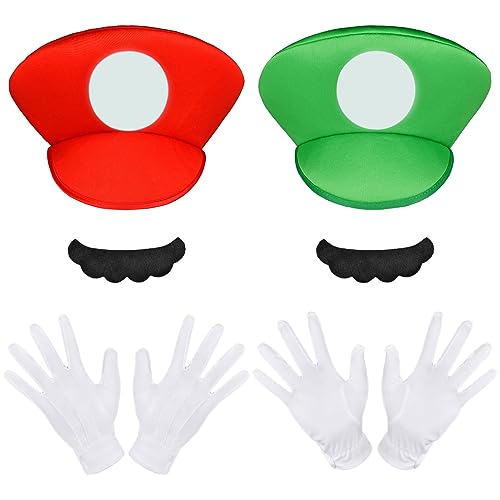 Aomig Disfraz Mario y Luigi Bros, 6pcs Set de Accesorios Mario Classic con Guantes, Bigote y Gorra, Cosplay Disfraz Halloween Carnaval Navidad de Hombre, Mujer, Adulto, Niños