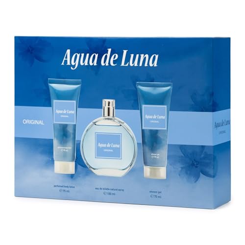 AGUA DE LUNA - Original, Estuche de Regalo Mujer, Colonia 100 ml + Gel de Baño 75 ml + Loción Corporal 75 ml, Eau de Toilette Natural y Femenina, Aroma Floral, Fragancia Fresca y de Larga Duración