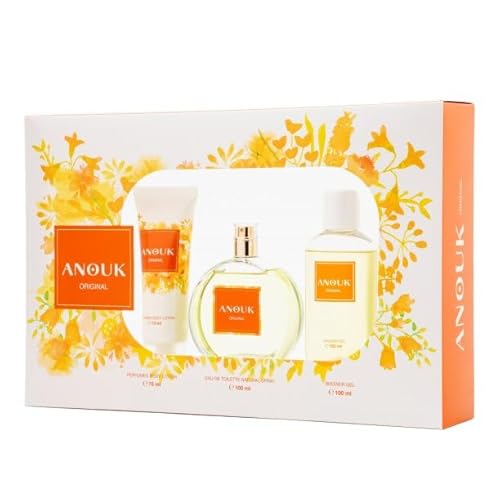 ANOUK - Original Perfume 100 ml + Crema de Cuerpo 75 ml + Gel de Baño 100 ml, Estuche Regalo Mujer, Colonia Perfumada, Eau de Toilette Femenina, Floral, Frutal y Fresca, de Larga Duración