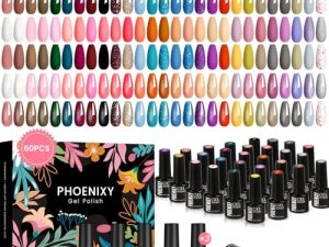 60Pcs Esmaltes Semipermanentes para Uñas, Phoenixy 162 Efectos 54 Colores de Pintauñas Semipermanentes (capa base/capa superior/mate/glitter), Kit Uñas Semipermanentes Rosa, Azul, Negro