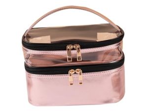 PAMINGONO Neceser De Maquillaje Transparente De Doble Capa En Color Metálico Bolsa Multifuncional De Viaje para Cosméticos y Aseo Organizador Impermeable con Asa para Mujeres