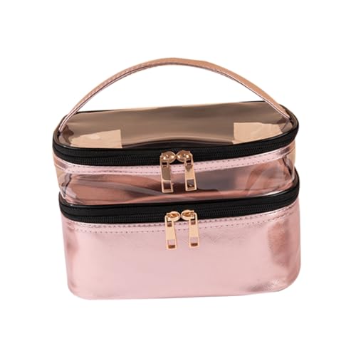 PAMINGONO Neceser De Maquillaje Transparente De Doble Capa En Color Metálico Bolsa Multifuncional De Viaje para Cosméticos y Aseo Organizador Impermeable con Asa para Mujeres