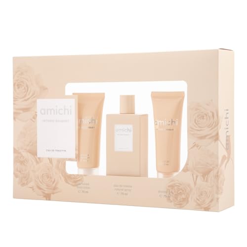 AMICHI - Intense Bouquet, Estuche de Regalo Mujer, Colonia 75 ml + Gel de Baño 75 ml + Loción Corporal 75 ml, Eau de Toilette Femenina, Fragancia Dulce y Floral, Aroma Intenso de Larga Duración
