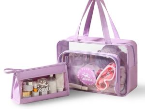 Namenand 2 PCS Neceser de Aseo, Bolsa Transparente Avion, Bolsa de Cosméticos Impermeable con Cremallera, Neceser para Viaje Neceser Hombre Mujer De Aseo Neceser De Viaje Bolsa de Gimnasio – Morado