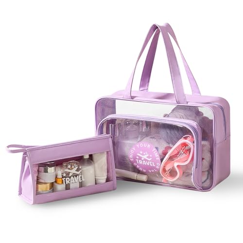 Namenand 2 PCS Neceser de Aseo, Bolsa Transparente Avion, Bolsa de Cosméticos Impermeable con Cremallera, Neceser para Viaje Neceser Hombre Mujer De Aseo Neceser De Viaje Bolsa de Gimnasio - Morado