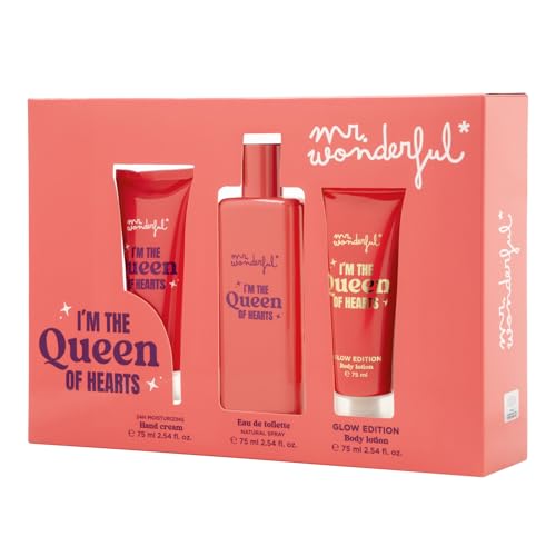 MR WONDERFUL - I'm the Queen of Hearts, Estuche de Regalo Mujer, Colonia 75ml + Crema Manos 75ml + Crema de Cuerpo Glow Edition 75ml, Eau de Toilette Femenina, Aroma Frutal Gourmand