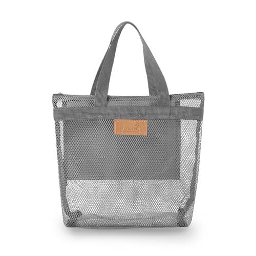 AfitLulu Neceser de malla para ducha, de secado rápido, bolsa de aseo para la playa, bolsa de la compra ligera con cremallera y 2 compartimentos para natación, playa, viajes, gris, Ligero