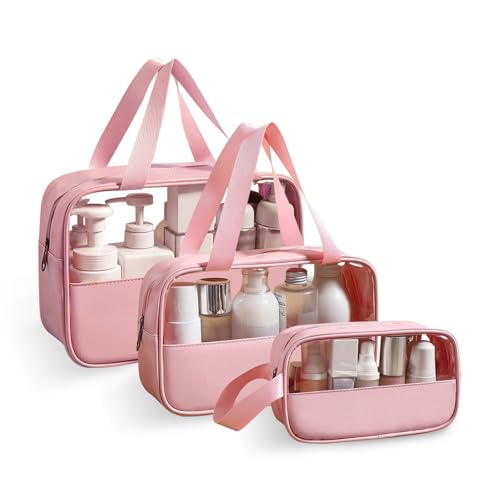 BUTISHIYU Neceser de Aseo 3 Piezas Transparente, Bolsa de Cosméticos Impermeable con Cremallera Bolsa de Cosméticos, Bolsa TSA Avion Maquillaje para Mujeres Viajes Baño (Rosa)