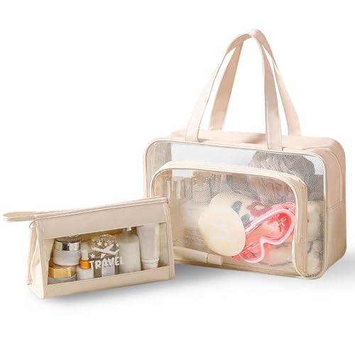 Namenand 2 PCS Neceser de Aseo, Bolsa Transparente Avion, Bolsa de Cosméticos Impermeable con Cremallera, Neceser para Viaje Neceser Hombre Mujer De Aseo Neceser De Viaje Bolsa de Gimnasio - Blanco