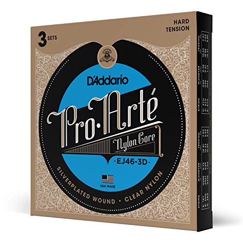 D'Addario EJ46-3D - Juego de cuerdas para guitarra clásica de nylon con entorchado de plata, .028- .044 (tensión alta)