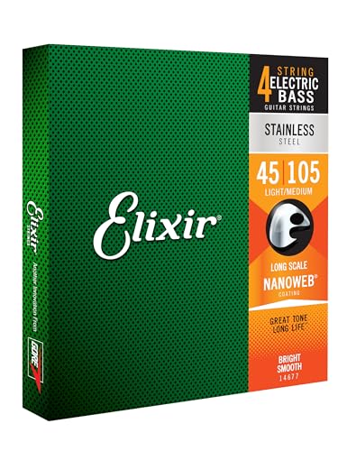 Elixir Cuerdas de bajo de 4 cuerdas Strings de acero inoxidable con recubrimiento NANOWEB, escala larga, calibre ligero/mediano (.045-.105)