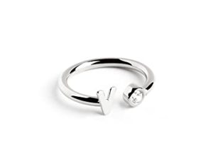 SINGULARU – Anillo Personalizado Letter Spark Plata. Ajustable. Plata de Ley 925 con Acabado Baño de Rodio. Talla Unica. Joyas para Mujer. Letra V