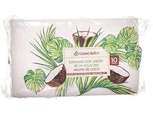 Dermobaño Esponja Jabonosa Desechable. Esponja de Baño de Un Solo Uso con Gel Dermatológico e Hipoalergénico. Aroma a Coco. 10 Unidades