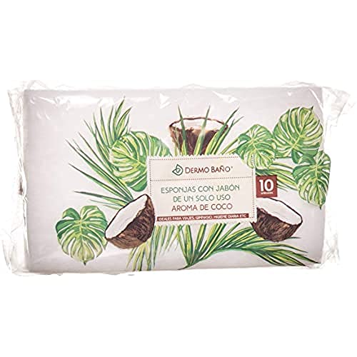 Dermobaño Esponja Jabonosa Desechable. Esponja de Baño de Un Solo Uso con Gel Dermatológico e Hipoalergénico. Aroma a Coco. 10 Unidades