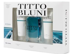TITTO BLUNI – Acqua Uomo, Estuche de Regalo Hombre, Colonia 75 ml + After Shave 75 ml + Gel de Baño 75 ml, Eau de Toilette Masculina, Aroma Especiado e Intenso, Fragancia Atractiva y Duradera