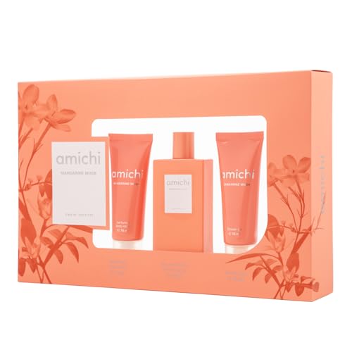 AMICHI - Mandarine Musk, Estuche de Regalo Mujer, Colonia 75 ml + Gel de Baño 75 ml + Loción Corporal 75 ml, Eau de Toilette Femenina, Fragancia Dulce y Cítrica, Aroma Extravagante de Larga Duración