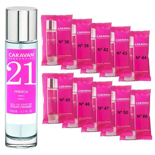 CARAVAN FRAGANCIAS Perfume de Mujer Nº21 de 150 ml + Set de 10 Viales de Fragancias femeninas distintas de Caravan para descubrir nuevos aromas