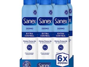 Sanex Dermo Extra Control Desodorante Spray, Pack 6 Uds x 200 ml, con Óxido de Zinc Antibacteriano, hasta 48H de Protección contra el Sudor y el Olor, Restaura el pH Natural de la Piel