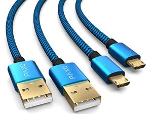 PAXO 2x 2m Cable de carga para PS4 Controller, Micro USB Cable de carga, Cable Micro USB, Nylon, Micro USB, Cubierta de tela, Enchufe de aluminio, Azul-Negro