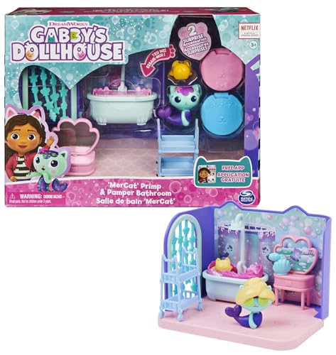 LA CASA DE MUÑECAS DE GABBY - EL BAÑO DE SIREGATA DE GABBY'S DOLLHOUSE con 1 Figura, 3 Accesorios, 2 Caja Sorpresa y 3 Muebles - 6062036 - Juguetes Niñas 3 años +