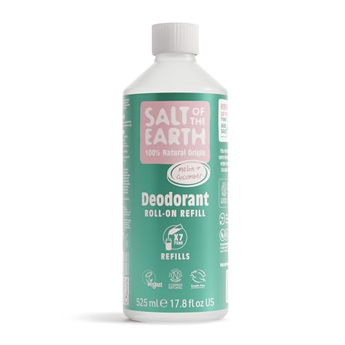 Natural Deodorant Roll On Refill by Salt of the Earth, Melon & Cucumber - Vegan, Long Lasting Protection, Leaping Bunny Approved, Made in the UK - 525ml