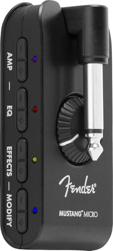 Fender Mustang Micro Amplificador de Guitarra, Amplificador de Auriculares Todo-en-Uno con 12 Modelos de Amplificador, 12 Efectos, Transmisión de Audio Bluetooth, Ecualizador Ajustable