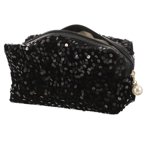 CRILSTYLEO Bolsa De Aseo para Mujer con Detalle De Lentejuelas Organizador De Maquillaje Compacto Gran Capacidad Almacenamiento Portátil Color Negro