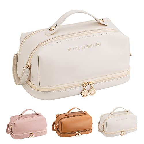 Bolsa de cosméticos de gran capacidad, bolsa de maquillaje de viaje de doble capa, bolsa de aseo portátil e impermeable para mujeres y niñas, White