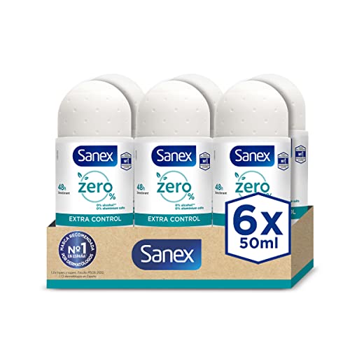 Sanex Zero% Extra Control Desodorante Roll-On, 50ml, Protección 48H, 0% Alcohol, 0% Sales de Aluminio, Cuida y Mantiene la Piel Sana, Inhibe la Formación de Olores Corporales PACK DE 6.