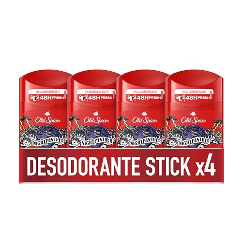 Old Spice Night Panther Desodorante En Barra Para Hombre, 48 Horas Fresco, 0% Sales De Aluminio, 4x50 ml, El embalaje puede variar