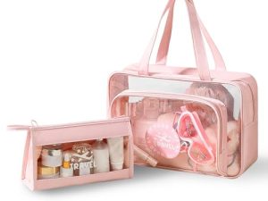 Namenand 2 PCS Neceser de Aseo, Bolsa Transparente Avion, Bolsa de Cosméticos Impermeable con Cremallera, Neceser para Viaje Neceser Hombre Mujer De Aseo Neceser De Viaje Bolsa de Gimnasio – Rosa