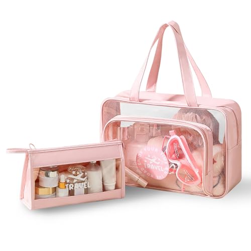 Namenand 2 PCS Neceser de Aseo, Bolsa Transparente Avion, Bolsa de Cosméticos Impermeable con Cremallera, Neceser para Viaje Neceser Hombre Mujer De Aseo Neceser De Viaje Bolsa de Gimnasio - Rosa