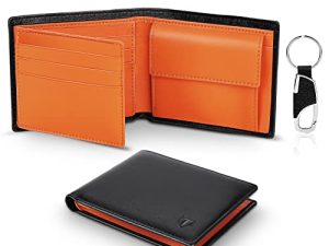 TEEHON Cartera para Hombre, Monedero con RFID Bloqueo con 10 Ranuras, 2 Compartimentos para Billetes, 1 Bolsillo para Monedas con Botón, 1 Llavero y Regalo Caja – Naranja Negro