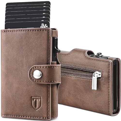 TENBST Cartera Tarjetero con Bloqueo RFID, Automática Pop Up Cartera de Cuero, 8 Ranuras para Tarjetas, Tarjetero Hombre para Crédito, Billetes y Monedas con Caja de Regalo (Marrón)