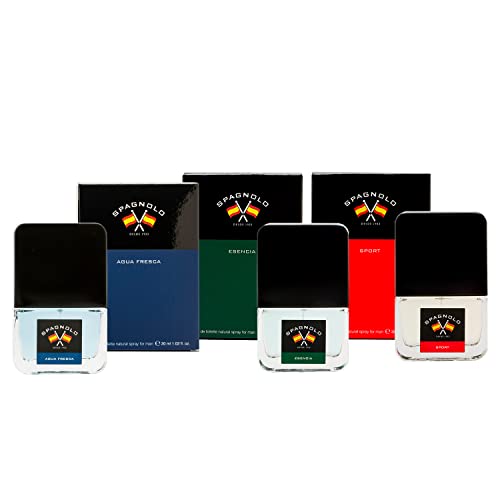 SPAGNOLO - Pack 3 Perfumes Hombre, Agua Fresca, Esencia y Sport 3x30 ml, Colonia Perfumada en Formato Spray, Eau de Toilette Masculina, Fresca y de Larga Duración, Clásica, Enérgica y Natural